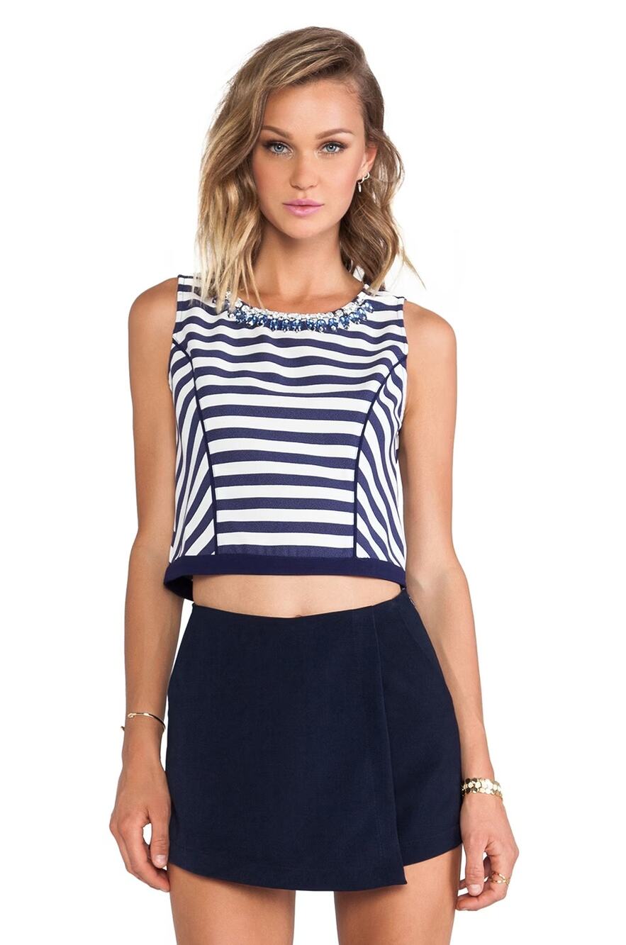 J.O.A. Revolve Navy Blue White Striped Embellished Crop Top Women's Size Small